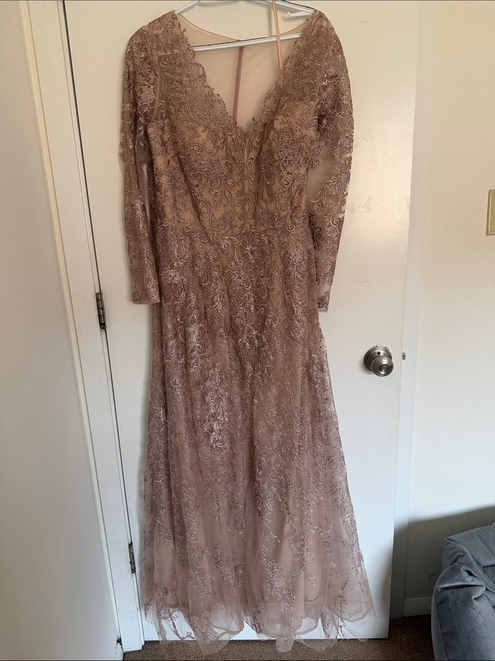 LARA Dusty Rose Beaded Lace Long-Sleeve Gown